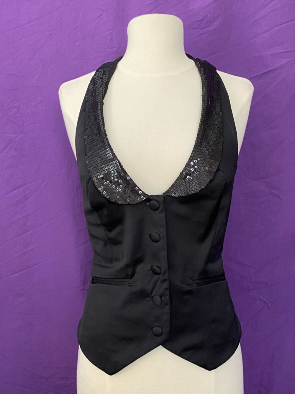 Guess Black Sequin with Gold Leopard Satin Lined Vest. Size M.